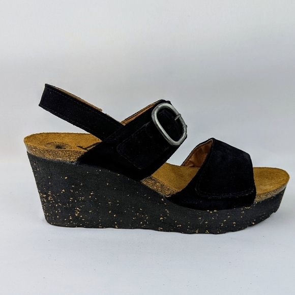 OTBT Peasant Wedge Platform Slingback Sandal Suede Leather Black 9.5M NIB - Picture 4 of 16